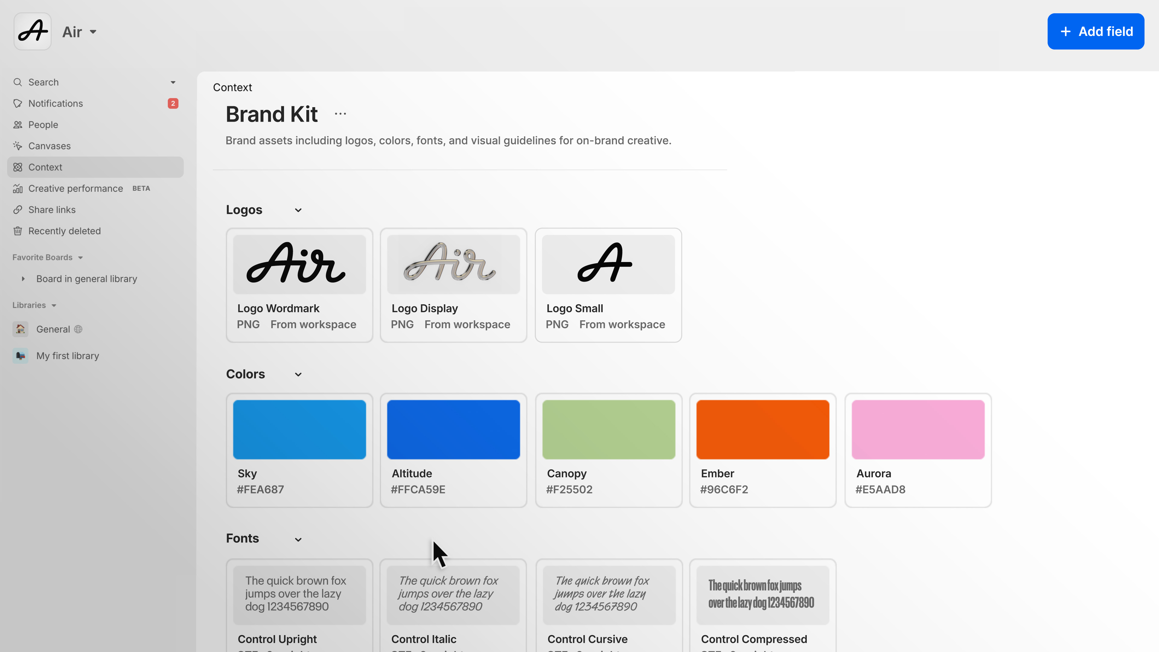 Brand Kit — colors, logos, fonts stored as context